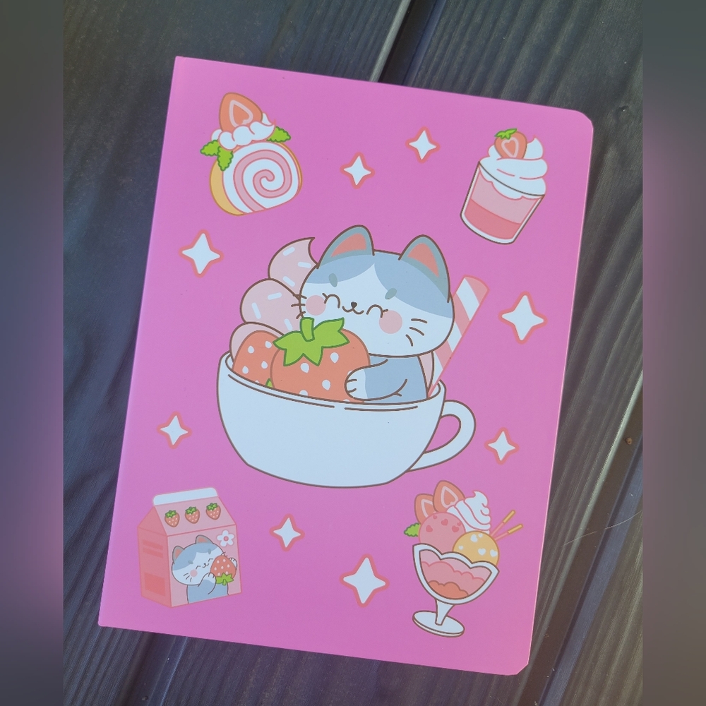 Kawaii Pink Cat and Strawberry Mini Notebook